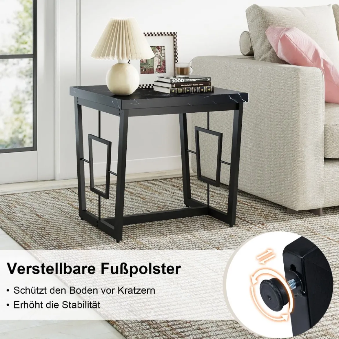 Marmor Quadratischer Beistelltisch Moderner Kaffeetisch mit Kunstmarmor Tischplatte Schwarz