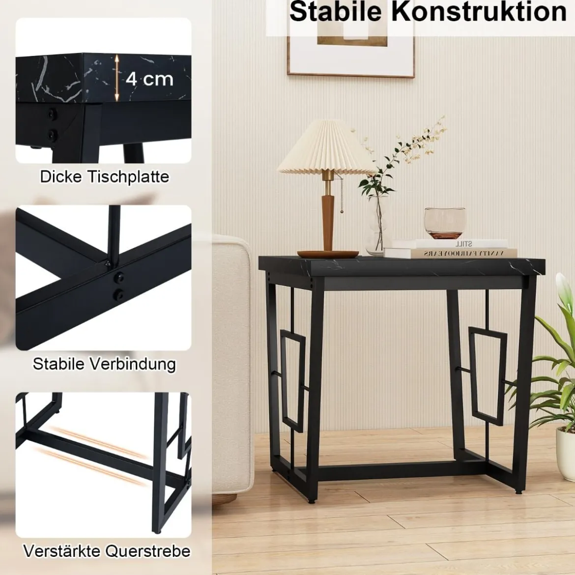 Marmor Quadratischer Beistelltisch Moderner Kaffeetisch mit Kunstmarmor Tischplatte Schwarz