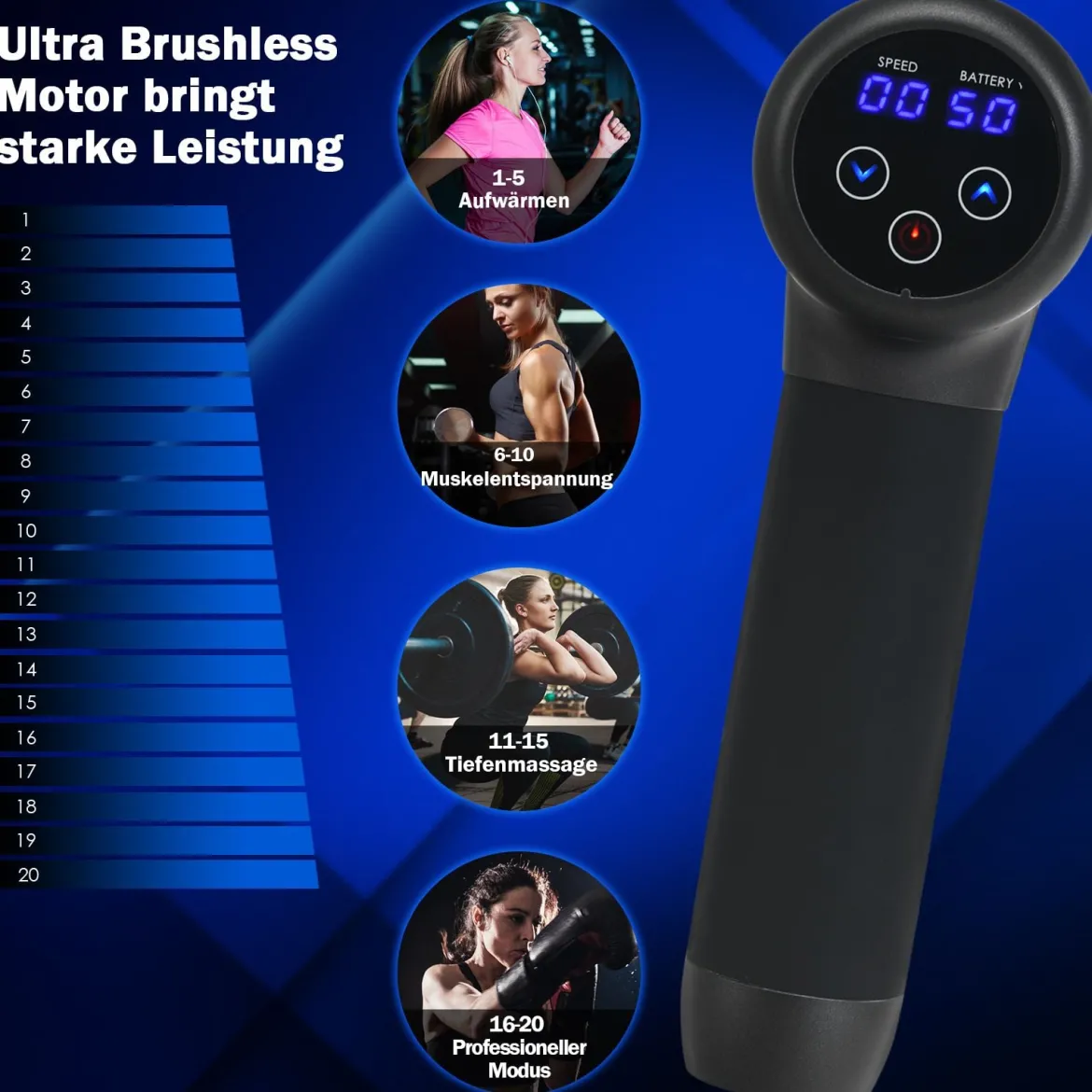 Massagepistole mit 6 Massageköpfen Massage Gun mit LCD-Bildschirm Muskelmassagepistole Schwarz