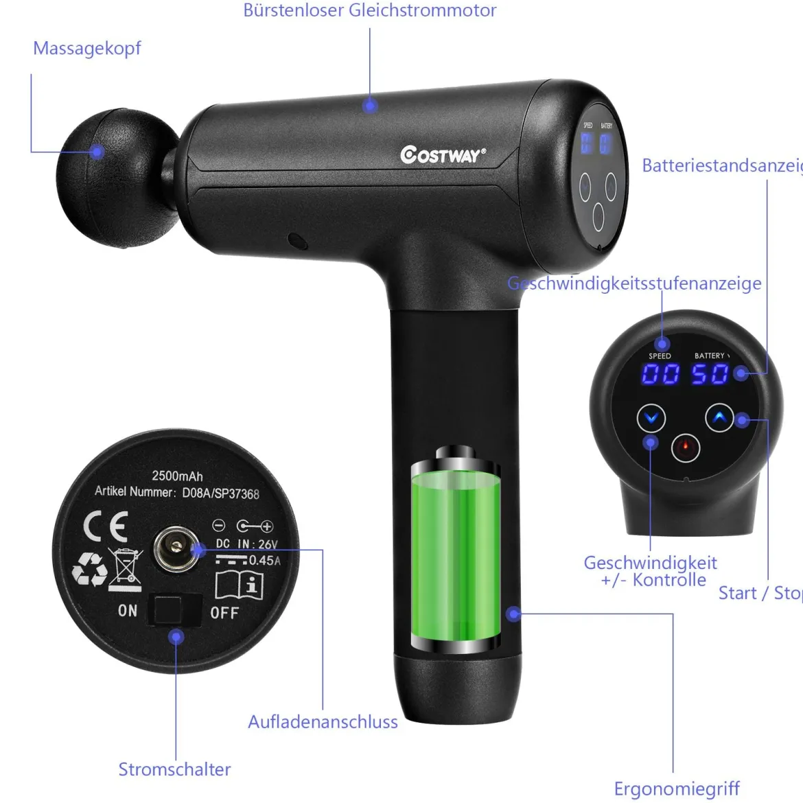 Massagepistole mit 6 Massageköpfen Massage Gun mit LCD-Bildschirm Muskelmassagepistole Schwarz