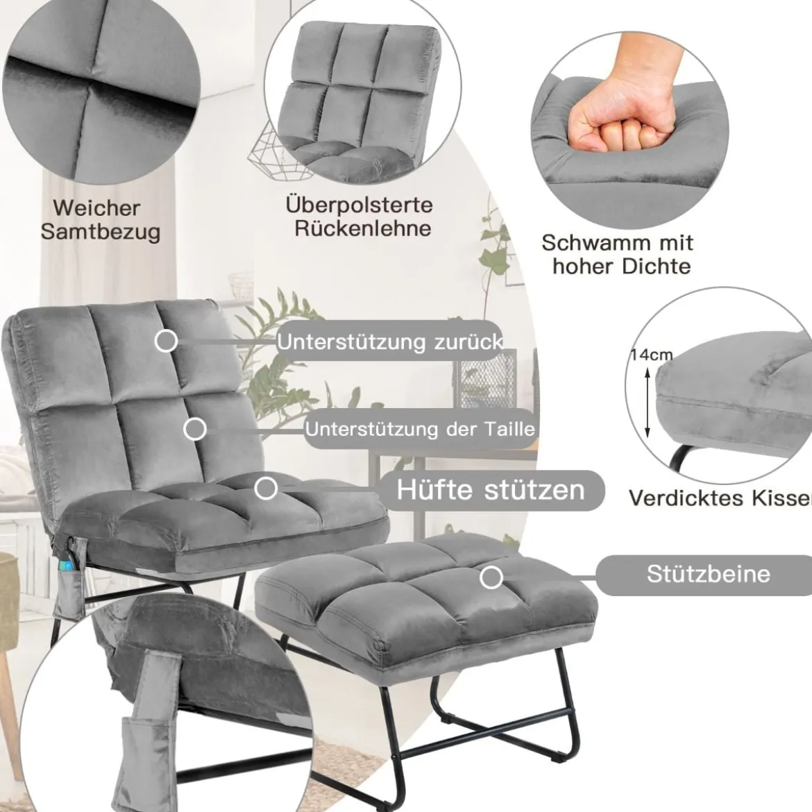 Massagesessel mit Ottomane 5 Vibrationsmodi & 4 Massagemotoren elektrische Massageliege Grau