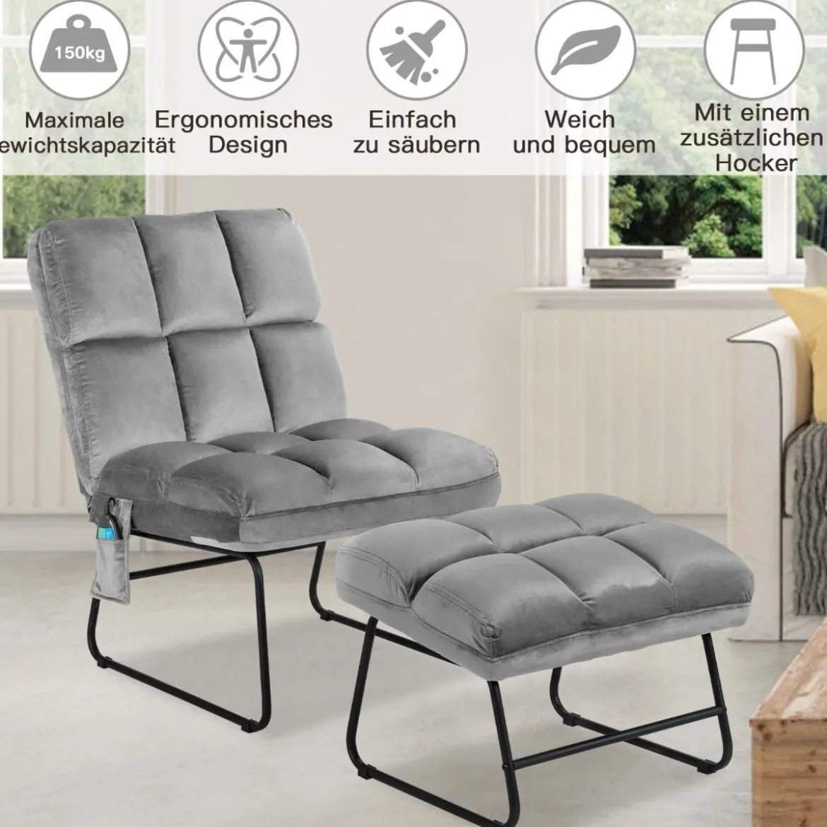 Massagesessel mit Ottomane 5 Vibrationsmodi & 4 Massagemotoren elektrische Massageliege Grau