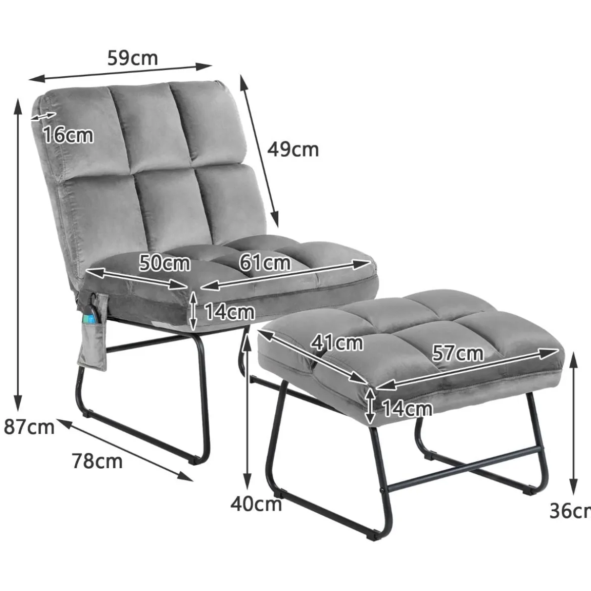 Massagesessel mit Ottomane 5 Vibrationsmodi & 4 Massagemotoren elektrische Massageliege Grau