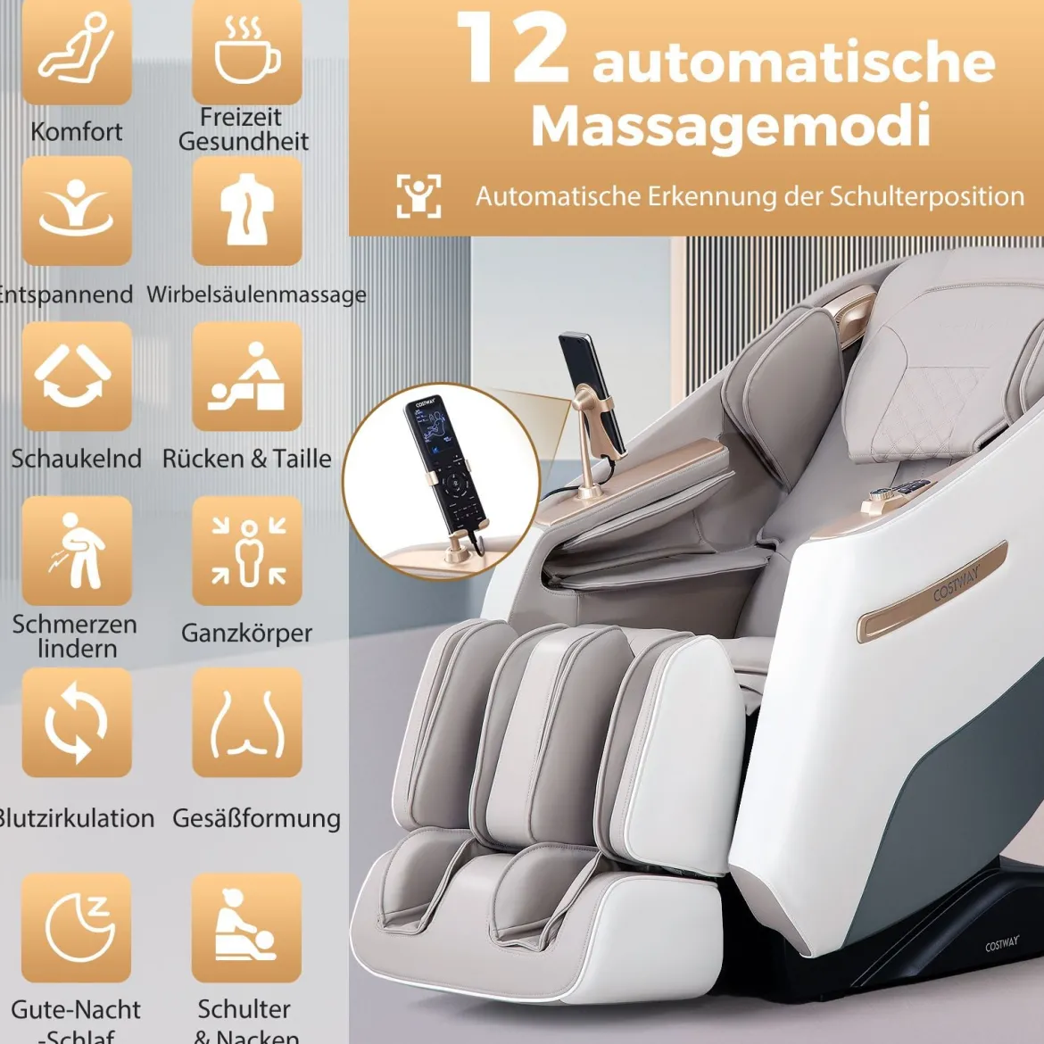 Massagesessel Zero Gravity SL Track Shiatsu Massagestuhl mit Heizung & Luftdruckmassage Weiß