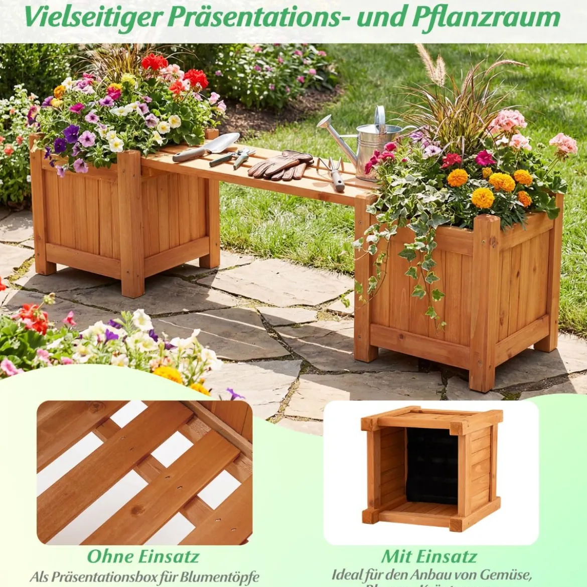 Massivholz Blumenkasten mit Gartenbank Holzbank mit 2 Seitlichen Pflanzkästen Sitzbank Natur