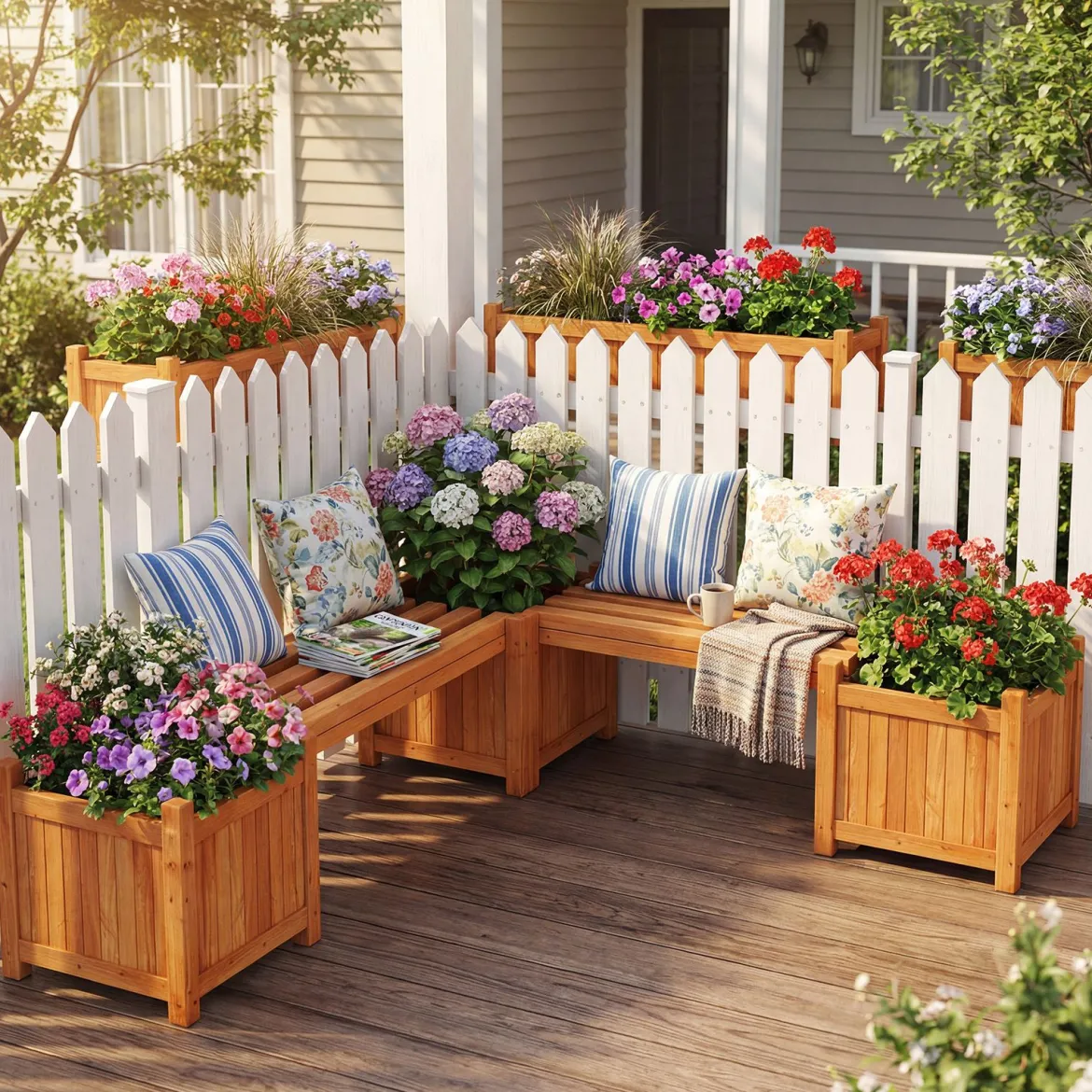 Massivholz Blumenkasten mit Gartenbank Holzbank mit 2 Seitlichen Pflanzkästen Sitzbank Natur