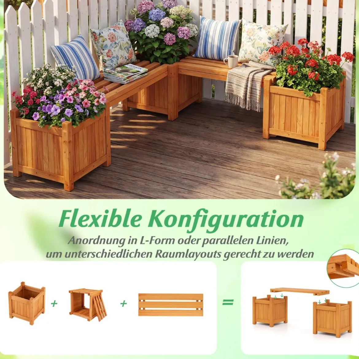 Massivholz Blumenkasten mit Gartenbank Holzbank mit 2 Seitlichen Pflanzkästen Sitzbank Natur