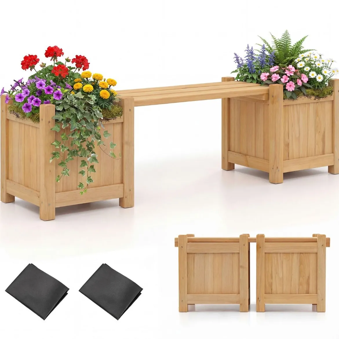 Massivholz Holzbank mit 2 Seitlichen Pflanzkästen Blumenkasten mit Gartenbank Sitzbank Natur