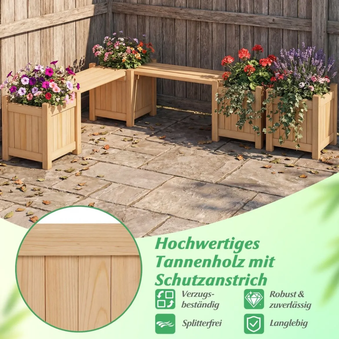 Massivholz Holzbank mit 2 Seitlichen Pflanzkästen Blumenkasten mit Gartenbank Sitzbank Natur