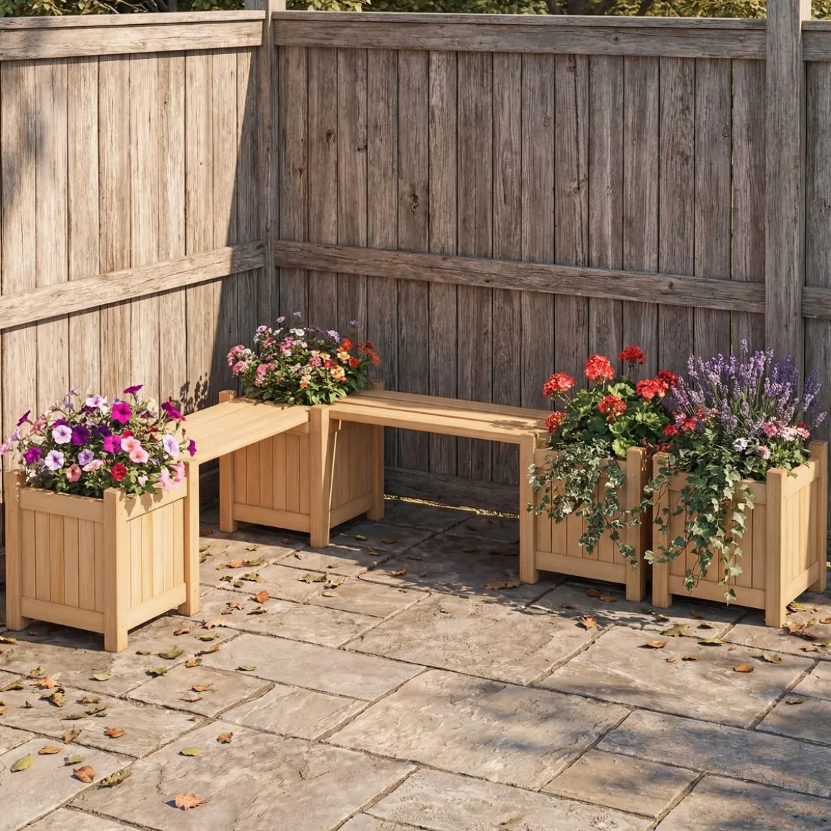Massivholz Holzbank mit 2 Seitlichen Pflanzkästen Blumenkasten mit Gartenbank Sitzbank Natur