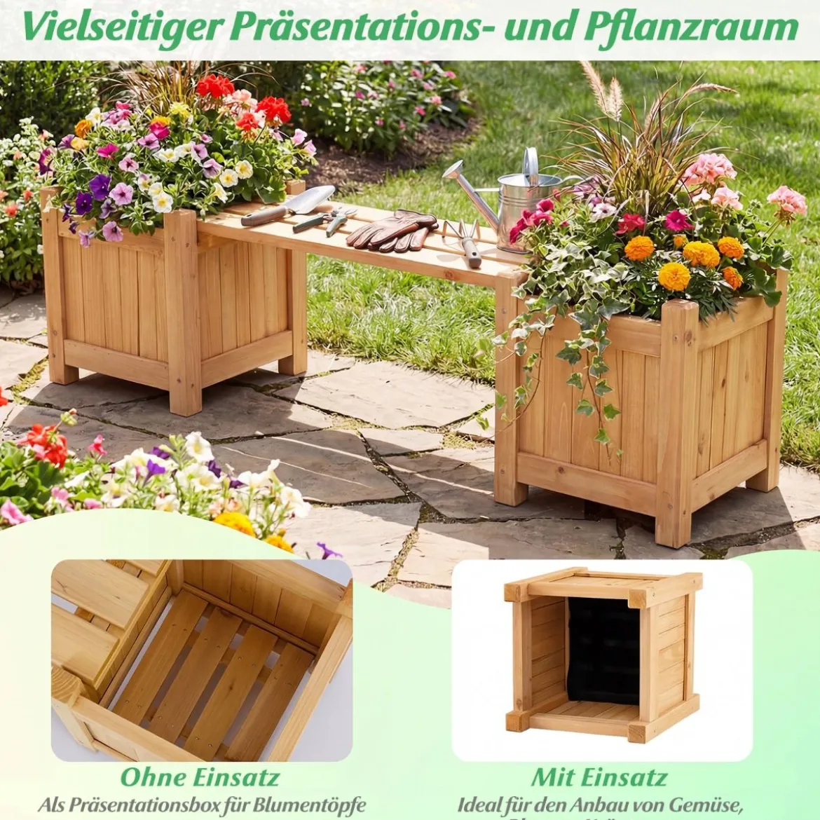 Massivholz Holzbank mit 2 Seitlichen Pflanzkästen Blumenkasten mit Gartenbank Sitzbank Natur
