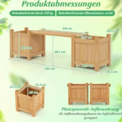Massivholz Holzbank mit 2 Seitlichen Pflanzkästen Blumenkasten mit Gartenbank Sitzbank Natur