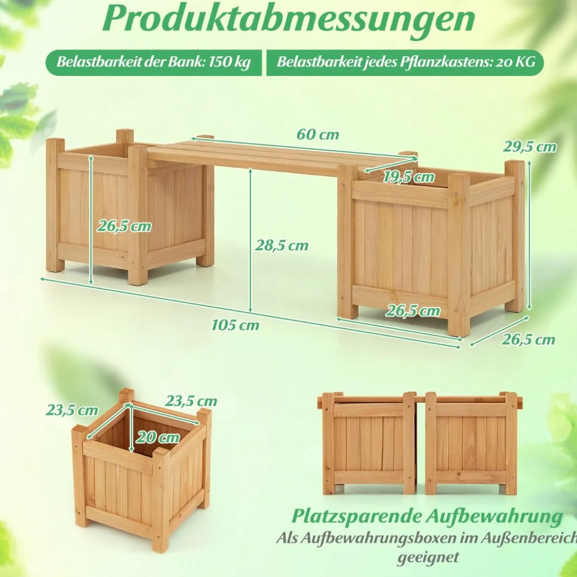 Massivholz Holzbank mit 2 Seitlichen Pflanzkästen Blumenkasten mit Gartenbank Sitzbank Natur