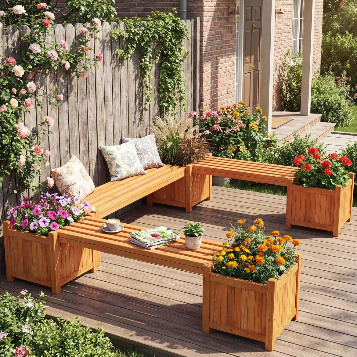 Massivholz Holzbank mit 2 Seitlichen Pflanzkästen Blumenkasten mit Gartenbank Sitzbank Orange