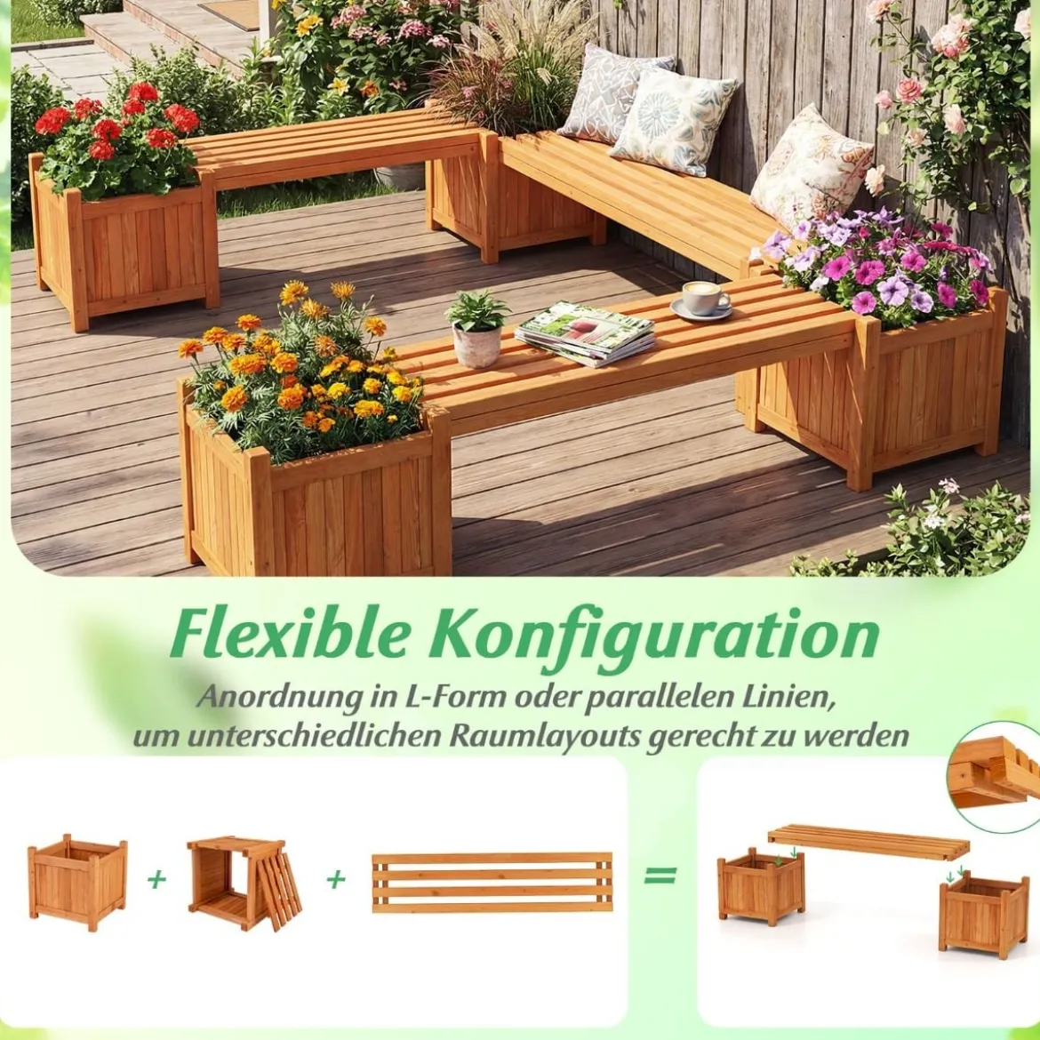 Massivholz Holzbank mit 2 Seitlichen Pflanzkästen Blumenkasten mit Gartenbank Sitzbank Orange