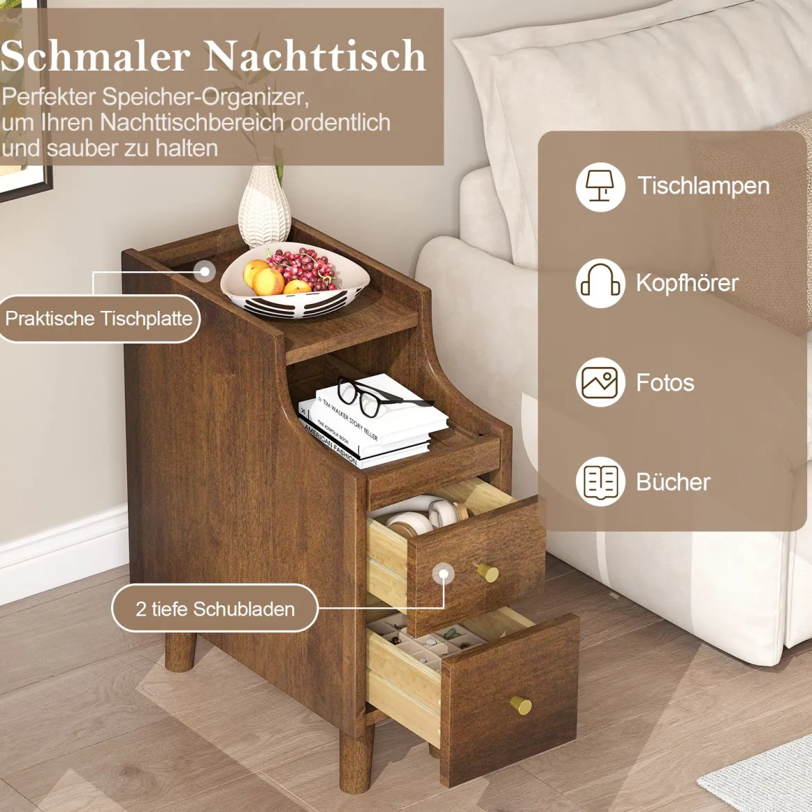 Massivholz Nachttisch mit Ausziehbarem Tablett & 2 Schubladen Schmaler Beistelltisch Braun