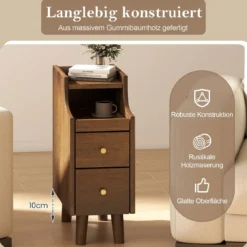 Massivholz Nachttisch mit Ausziehbarem Tablett & 2 Schubladen Schmaler Beistelltisch Braun
