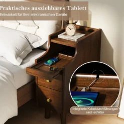 Massivholz Nachttisch mit Ausziehbarem Tablett & 2 Schubladen Schmaler Beistelltisch Braun