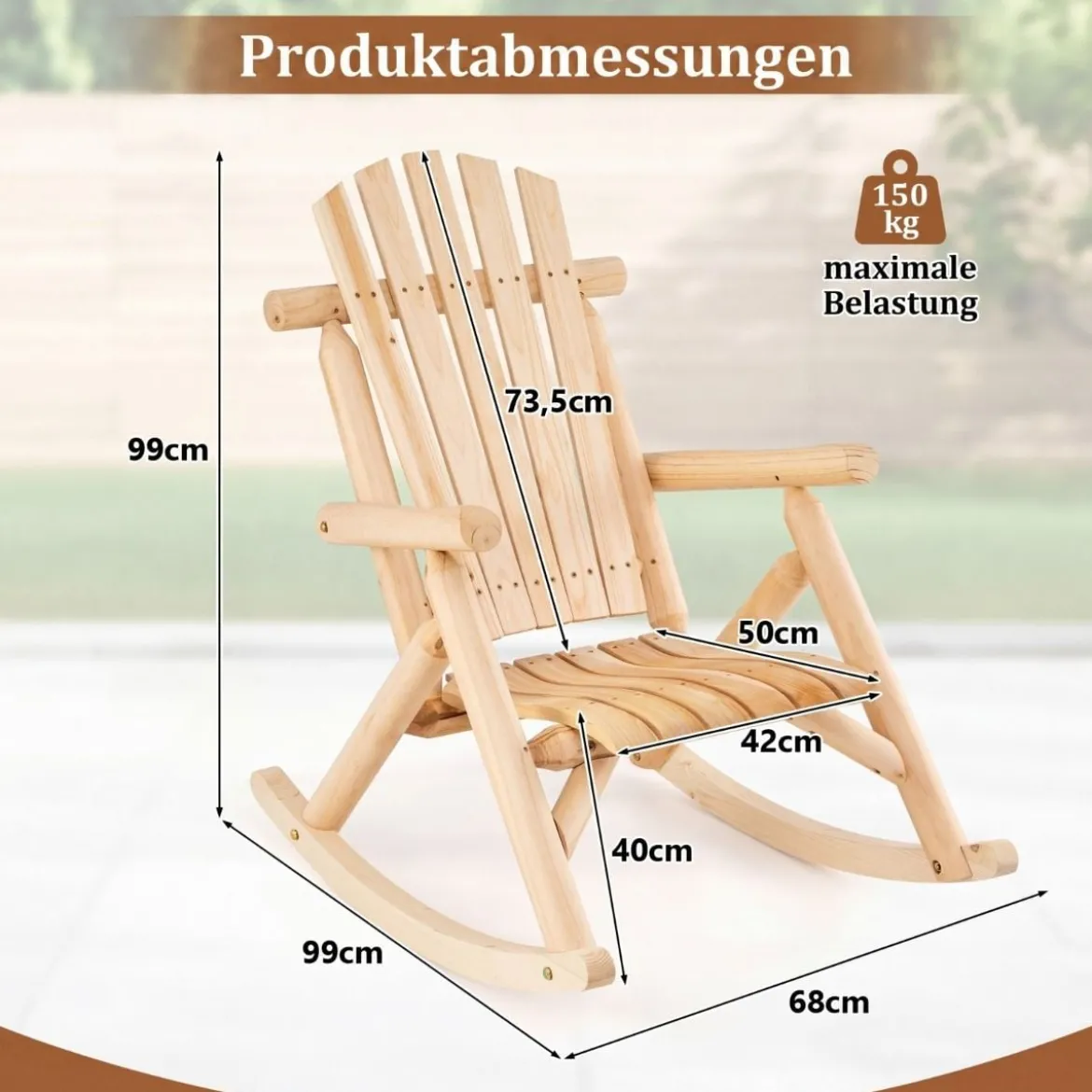 Massivholz Schaukelstuhl mit Hoher Rückenlehne & Lattenrost Sitz Schaukelsessel Relaxstuhl Natur