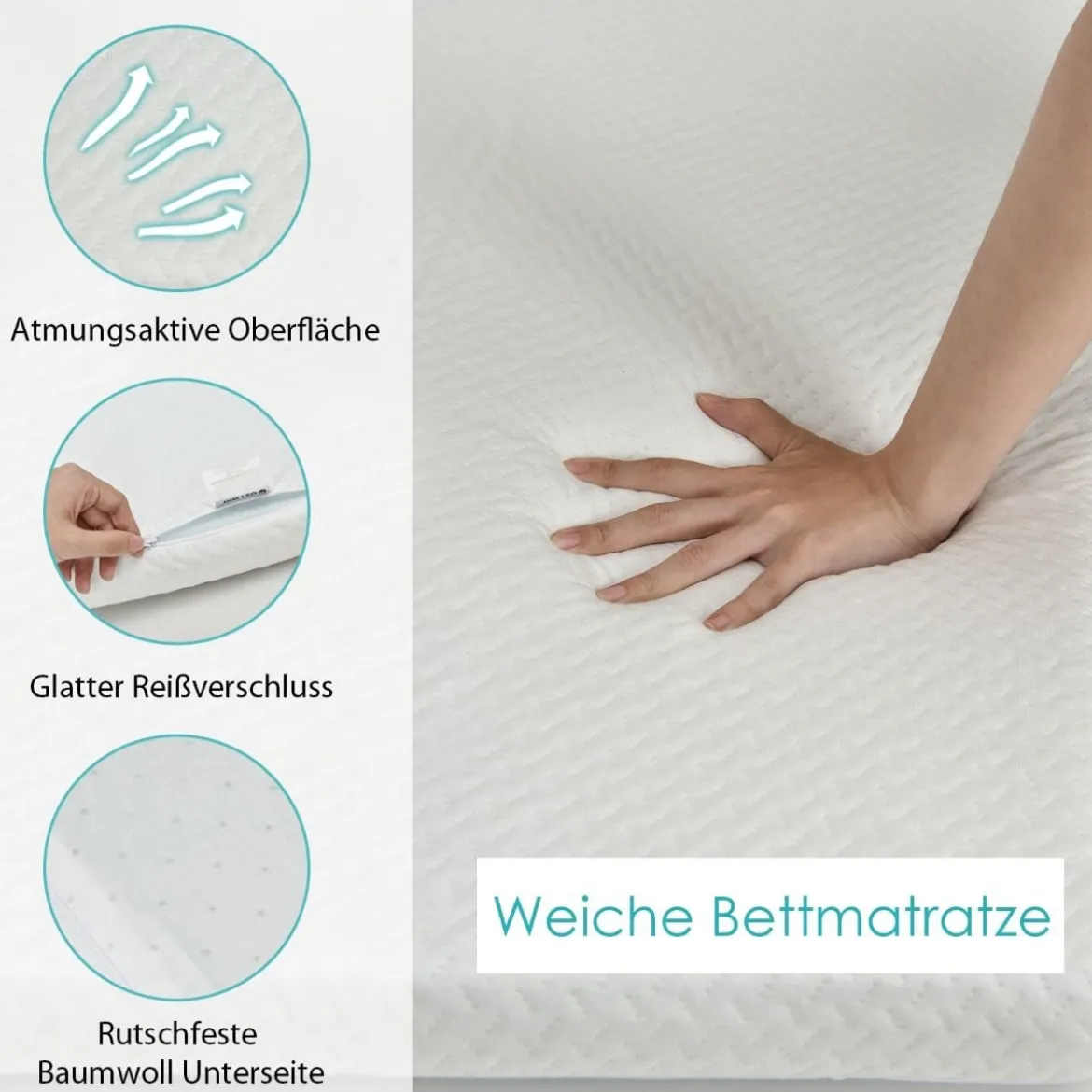 Matratzentopper Kühlender Gel-Topper mit abnehmbarem Bezug 200 x 90 x 5 cm Weiß