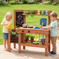 Matschküche aus Holz Kinderküche mit Pflanzkasten & Tafel Spielküche mit Wassertank Natur