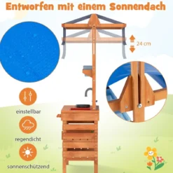 Matschküche für Kidner Kinderküche Holz mit Höhenverstellbarem Sonnendach 77 x 52 x 135 cm