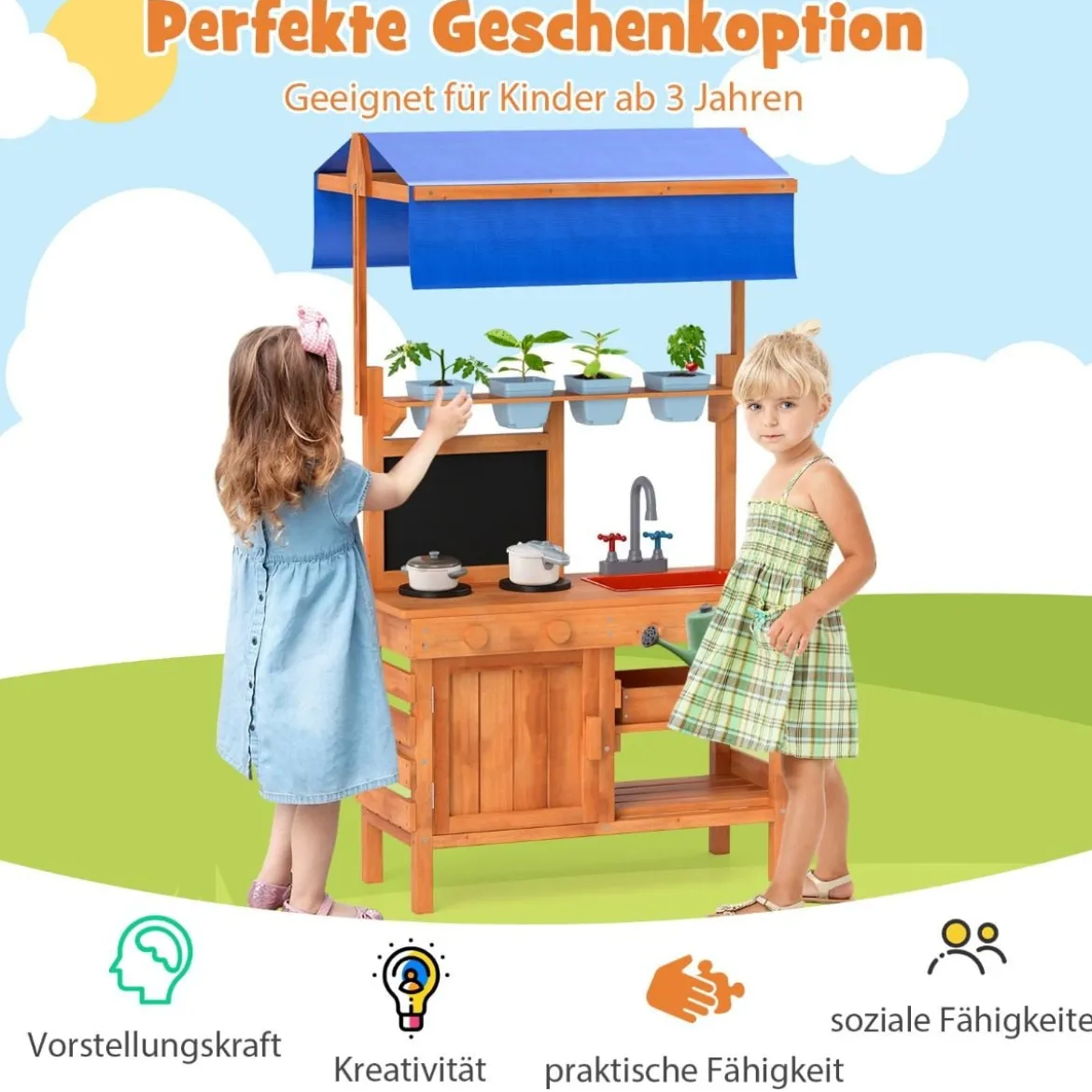 Matschküche für Kidner Kinderküche Holz mit Höhenverstellbarem Sonnendach 77 x 52 x 135 cm