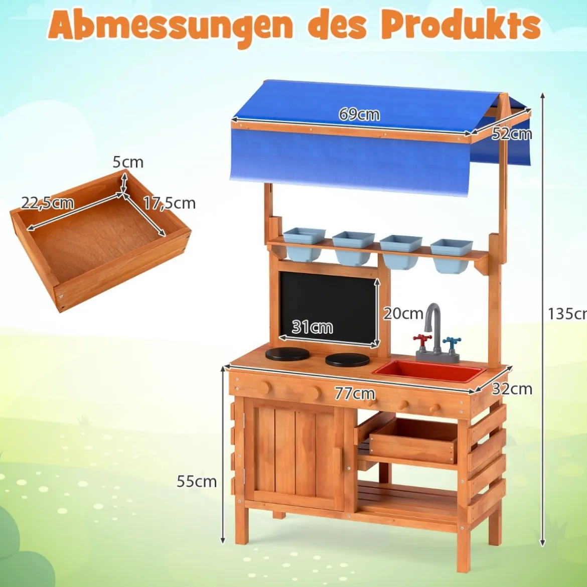 Matschküche für Kidner Kinderküche Holz mit Höhenverstellbarem Sonnendach 77 x 52 x 135 cm