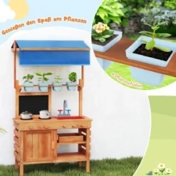 Matschküche für Kidner Kinderküche Holz mit Höhenverstellbarem Sonnendach 77 x 52 x 135 cm
