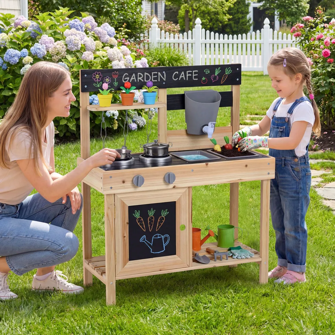 Matschküche für Kinder Outdoor Kinderküche aus Holz Kompakte Spielküche mit Wassertank