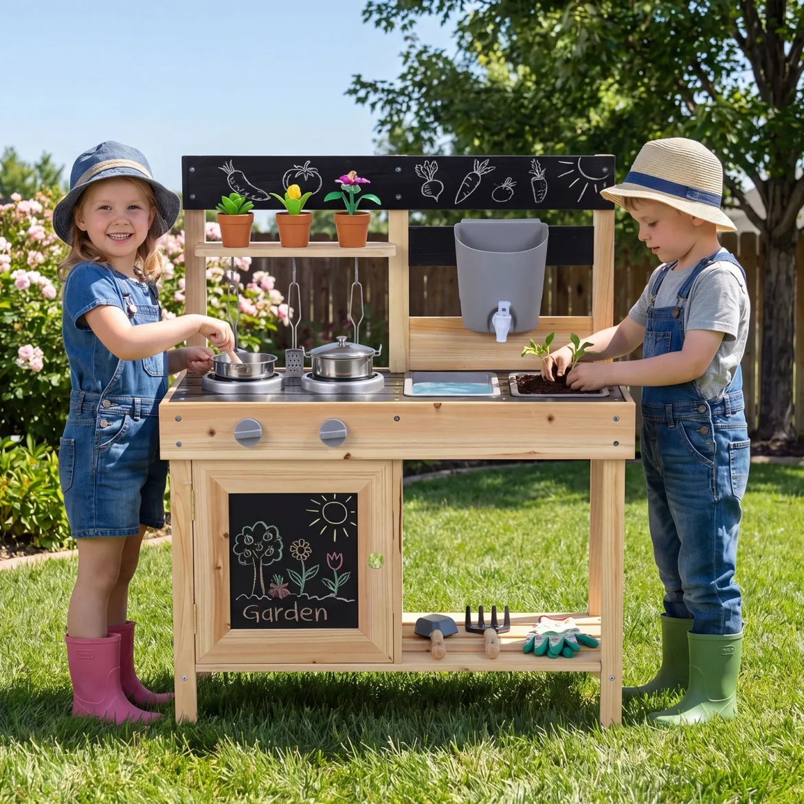 Matschküche für Kinder Outdoor Kinderküche aus Holz Kompakte Spielküche mit Wassertank