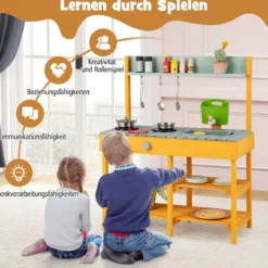 Matschküche Kinder Outdoor Kinderküche Holz mit Wasserfunktion Spielküche mit Haken & abnehmbarem Regal Natur/Orange