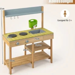 Matschküche Kinder Outdoor Kinderküche Holz mit Wasserfunktion Spielküche mit Haken & abnehmbarem Regal Natur/Orange