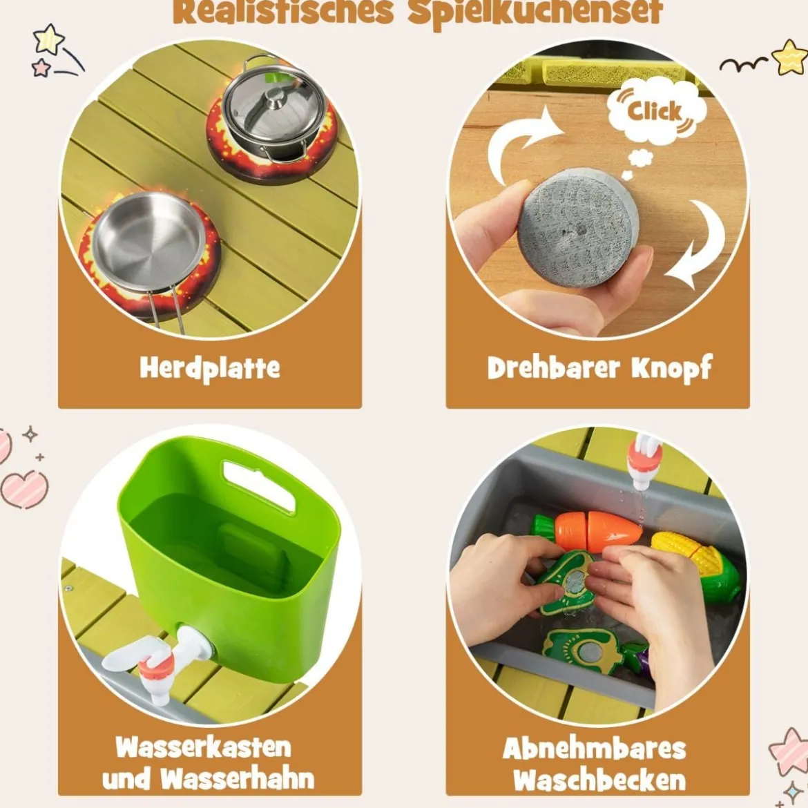 Matschküche Kinder Outdoor Kinderküche Holz mit Wasserfunktion Spielküche mit Haken & abnehmbarem Regal Natur/Orange