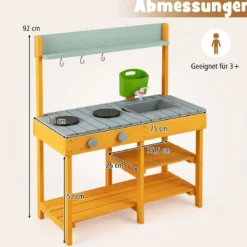 Matschküche Kinder Outdoor Kinderküche Holz mit Wasserfunktion Spielküche mit Haken & abnehmbarem Regal Natur/Orange