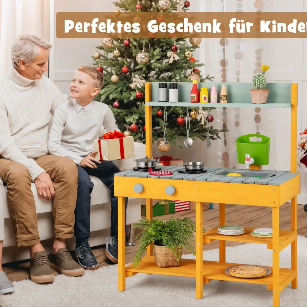 Matschküche Kinder Outdoor Kinderküche Holz mit Wasserfunktion Spielküche mit Haken & abnehmbarem Regal Natur/Orange