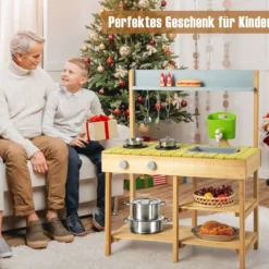 Matschküche Kinder Outdoor Kinderküche Holz mit Wasserfunktion Spielküche mit Haken & abnehmbarem Regal Natur/Orange