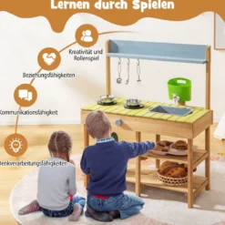 Matschküche Kinder Outdoor Kinderküche Holz mit Wasserfunktion Spielküche mit Haken & abnehmbarem Regal Natur/Orange
