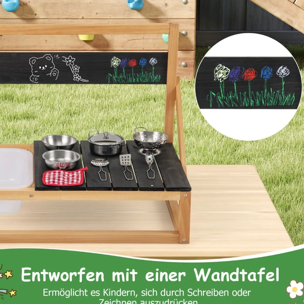 Matschküche Kinder Outdoor Kinderküche Tannenholz mit Zubehör Natur 81 x 36 x 49 cm