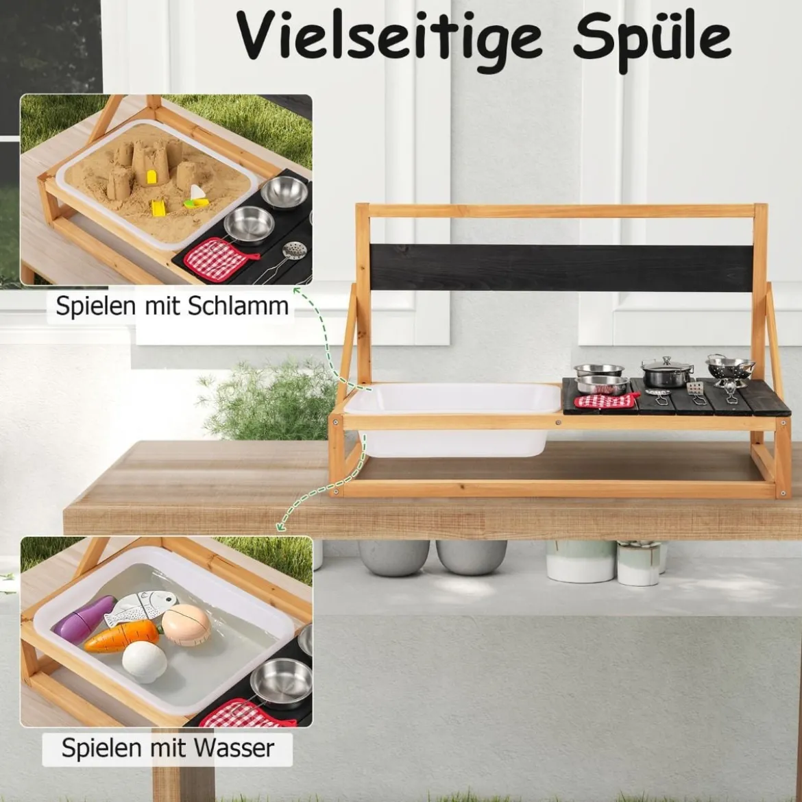 Matschküche Kinder Outdoor Kinderküche Tannenholz mit Zubehör Natur 81 x 36 x 49 cm