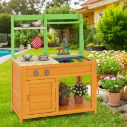 Matschküche Kinder Outdoor Kinderküche mit Zubehör Spielküche mit realistischen Herden & Wasserhahn