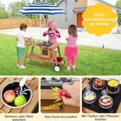 Matschküche Kinder Outdoor Kinderküche Holz mit Sonnenschirm & Rollen Blau