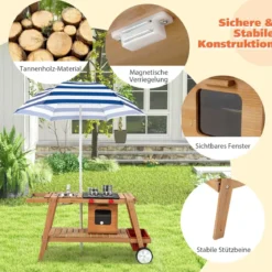 Matschküche Kinder Outdoor Kinderküche Holz mit Sonnenschirm & Rollen Blau