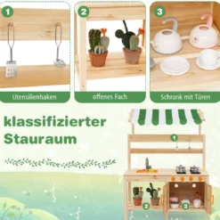 Matschküche Kinder Outdoor Kinderküche Tannenholz mit Überdachung 88 x 39 x 117 cm Natur