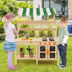 Matschküche Kinder Outdoor Kinderküche Tannenholz mit Überdachung 88 x 39 x 117 cm Natur