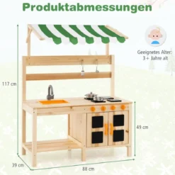 Matschküche Kinder Outdoor Kinderküche Tannenholz mit Überdachung 88 x 39 x 117 cm Natur