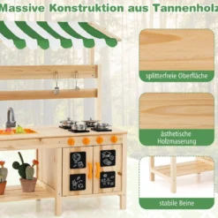 Matschküche Kinder Outdoor Kinderküche Tannenholz mit Überdachung 88 x 39 x 117 cm Natur