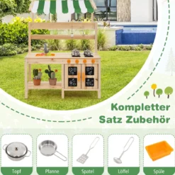 Matschküche Kinder Outdoor Kinderküche Tannenholz mit Überdachung 88 x 39 x 117 cm Natur