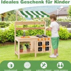 Matschküche Kinder Outdoor Kinderküche Tannenholz mit Überdachung 88 x 39 x 117 cm Natur