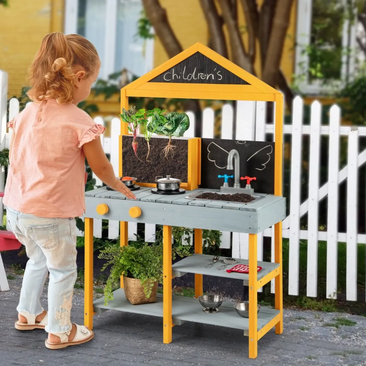 Matschküche Kinder Outdoor Kinderküche Tannenholz mit Pflanzbehälter & 2 Kreidetafeln & Wasserhahn Blau/Grün